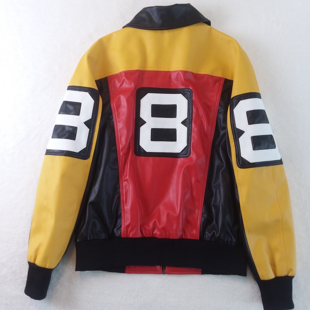 8 Ball Jacket Mens Retro Style Bomber Full Zip Red Yellow Black Faux Leather Lg - Picture 10 of 16